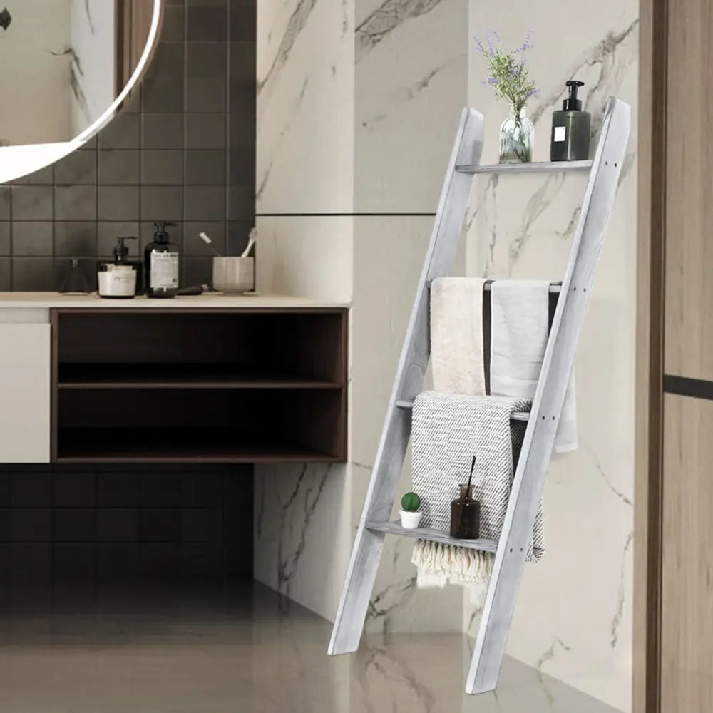 4-Tier Wall Leaning Ladder Shelf Stand-Gray - Gray - Towel Racks