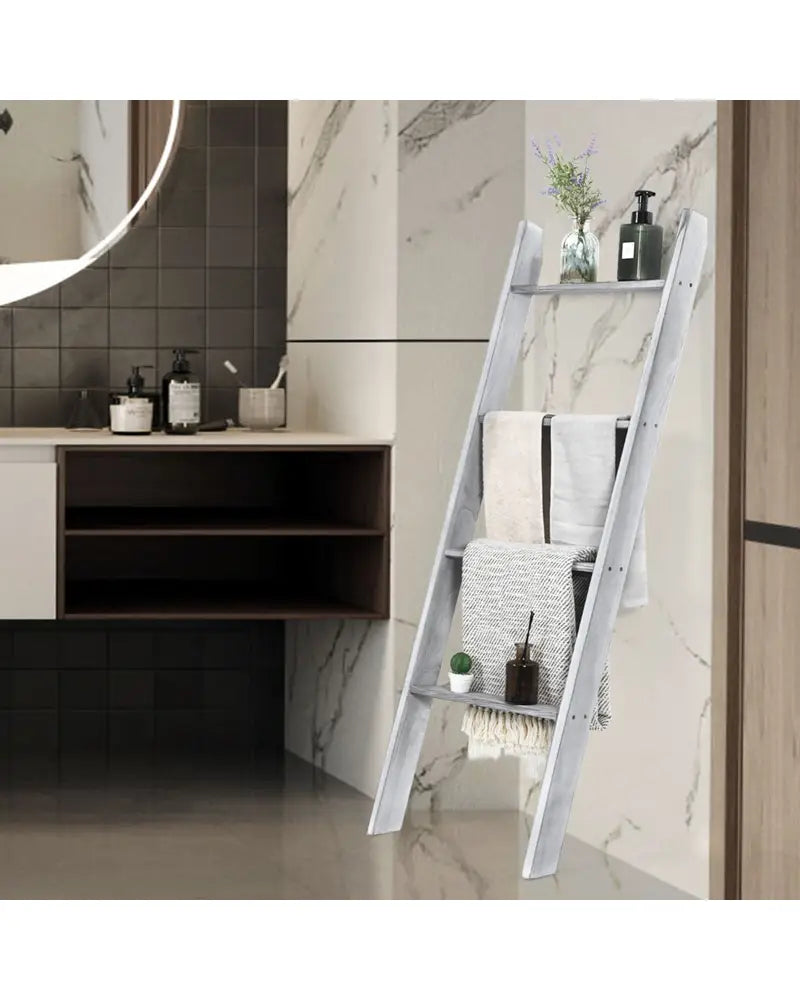 4-Tier Wall Leaning Ladder Shelf Stand-Gray - Gray - Towel Racks