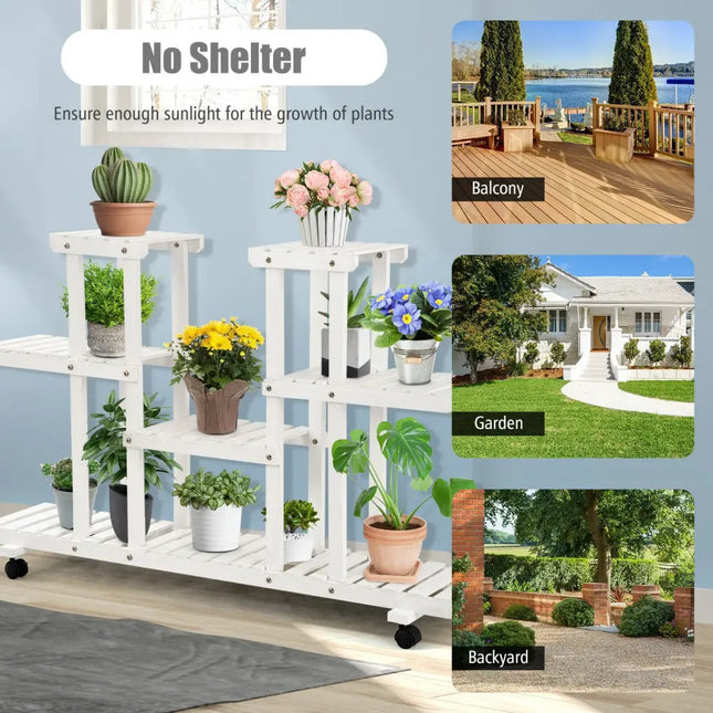 4-Tier Wood Casters Rolling Shelf Plant Stand with 6 Wood Shelves-White - White - Plant Stands