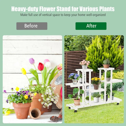 4-Tier Wood Casters Rolling Shelf Plant Stand with 6 Wood Shelves-White - White - Plant Stands