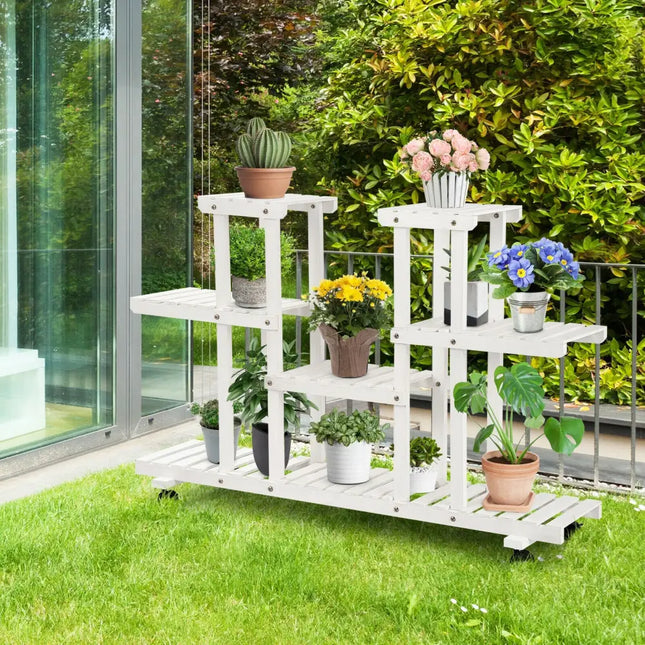 4-Tier Wood Casters Rolling Shelf Plant Stand with 6 Wood Shelves-White - White - Plant Stands
