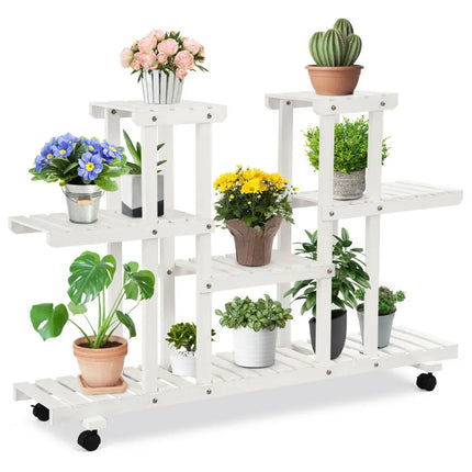 4-Tier Wood Casters Rolling Shelf Plant Stand with 6 Wood Shelves-White - White - Plant Stands