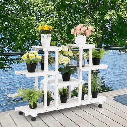 4-Tier Wood Casters Rolling Shelf Plant Stand with 6 Wood Shelves-White - White - Plant Stands