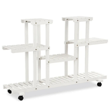 4-Tier Wood Casters Rolling Shelf Plant Stand with 6 Wood Shelves-White - White - Plant Stands