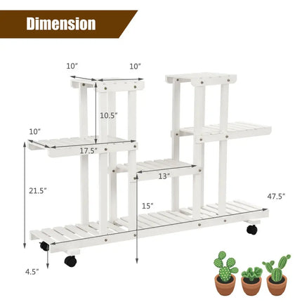 4-Tier Wood Casters Rolling Shelf Plant Stand with 6 Wood Shelves-White - White - Plant Stands