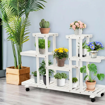 4-Tier Wood Casters Rolling Shelf Plant Stand with 6 Wood Shelves-White - White - Plant Stands