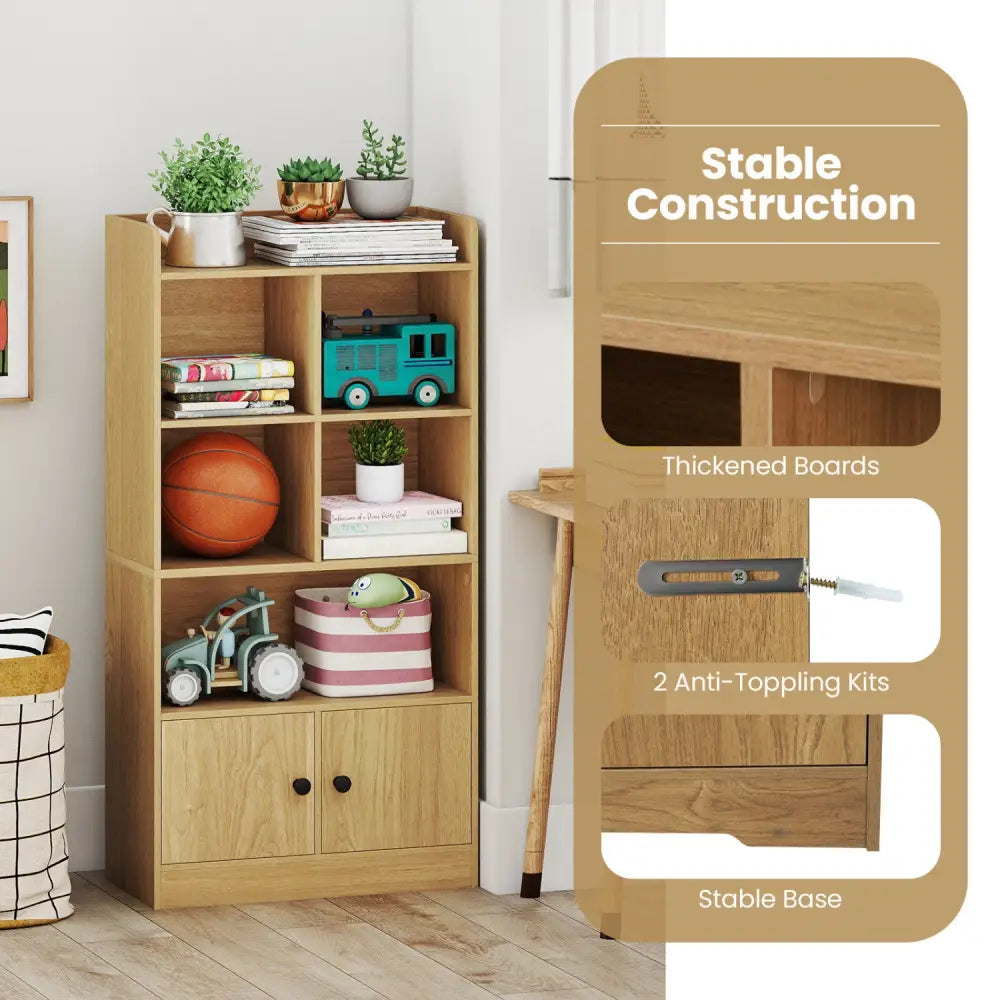 4 Tiers Bookshelf with 4 Cubes Display Shelf and 2 Doors-Natural - Natural - Bookcases