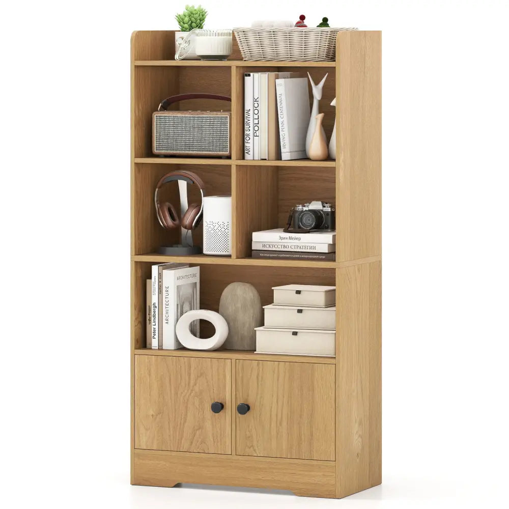 4 Tiers Bookshelf with 4 Cubes Display Shelf and 2 Doors-Natural - Natural - Bookcases