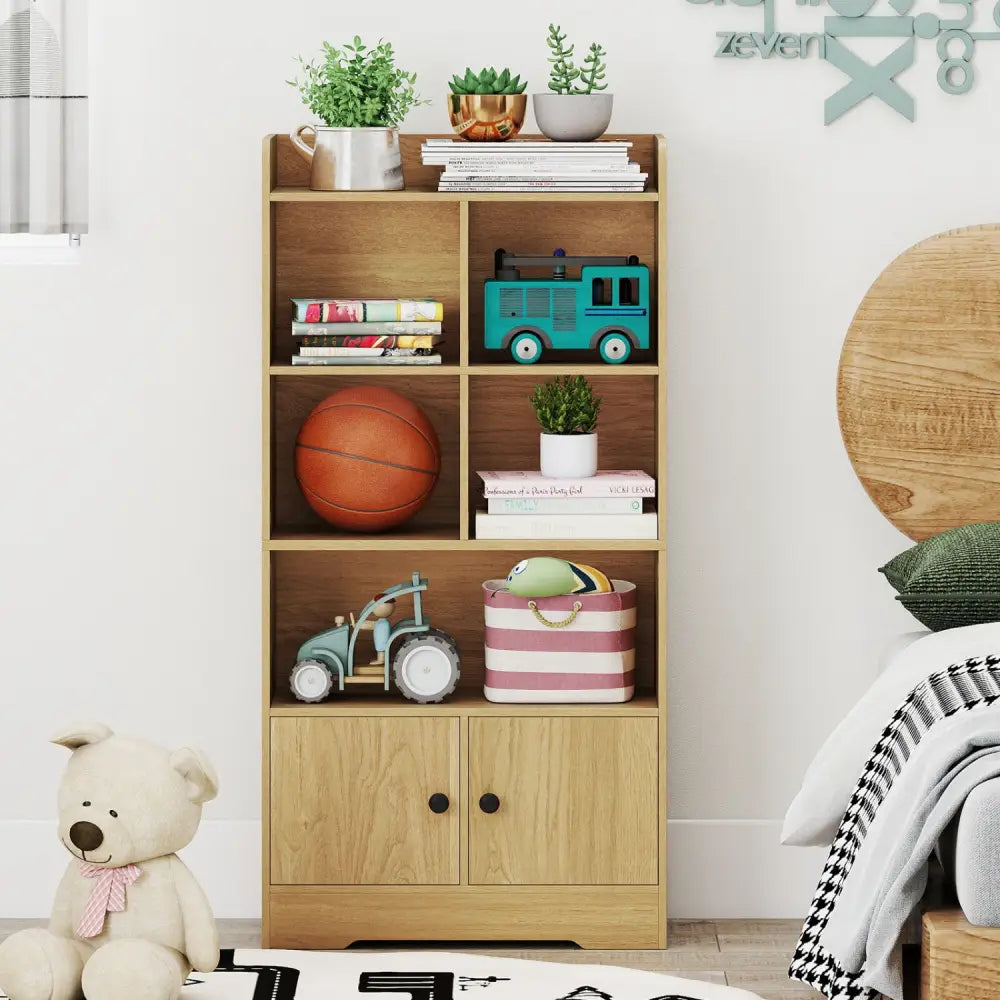 4 Tiers Bookshelf with 4 Cubes Display Shelf and 2 Doors-Natural - Natural - Bookcases