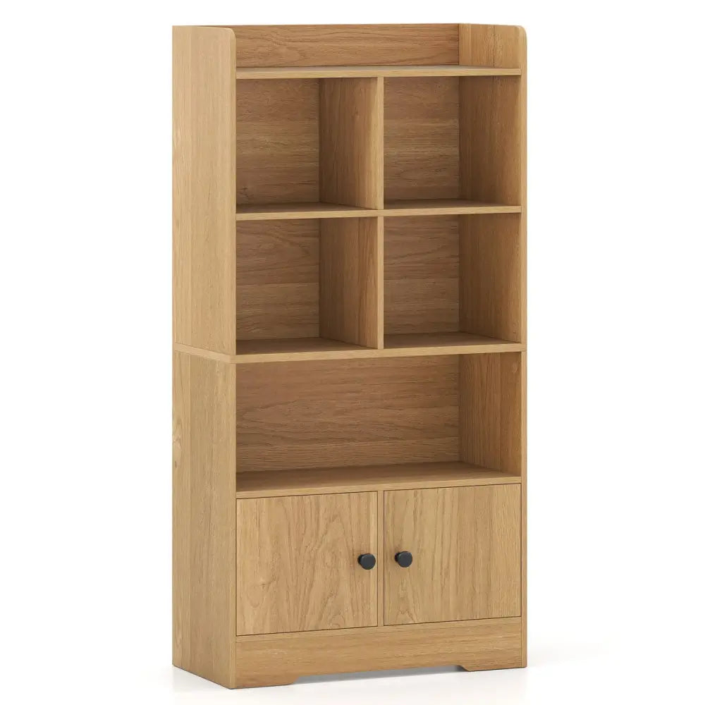 4 Tiers Bookshelf with 4 Cubes Display Shelf and 2 Doors-Natural - Natural - Bookcases
