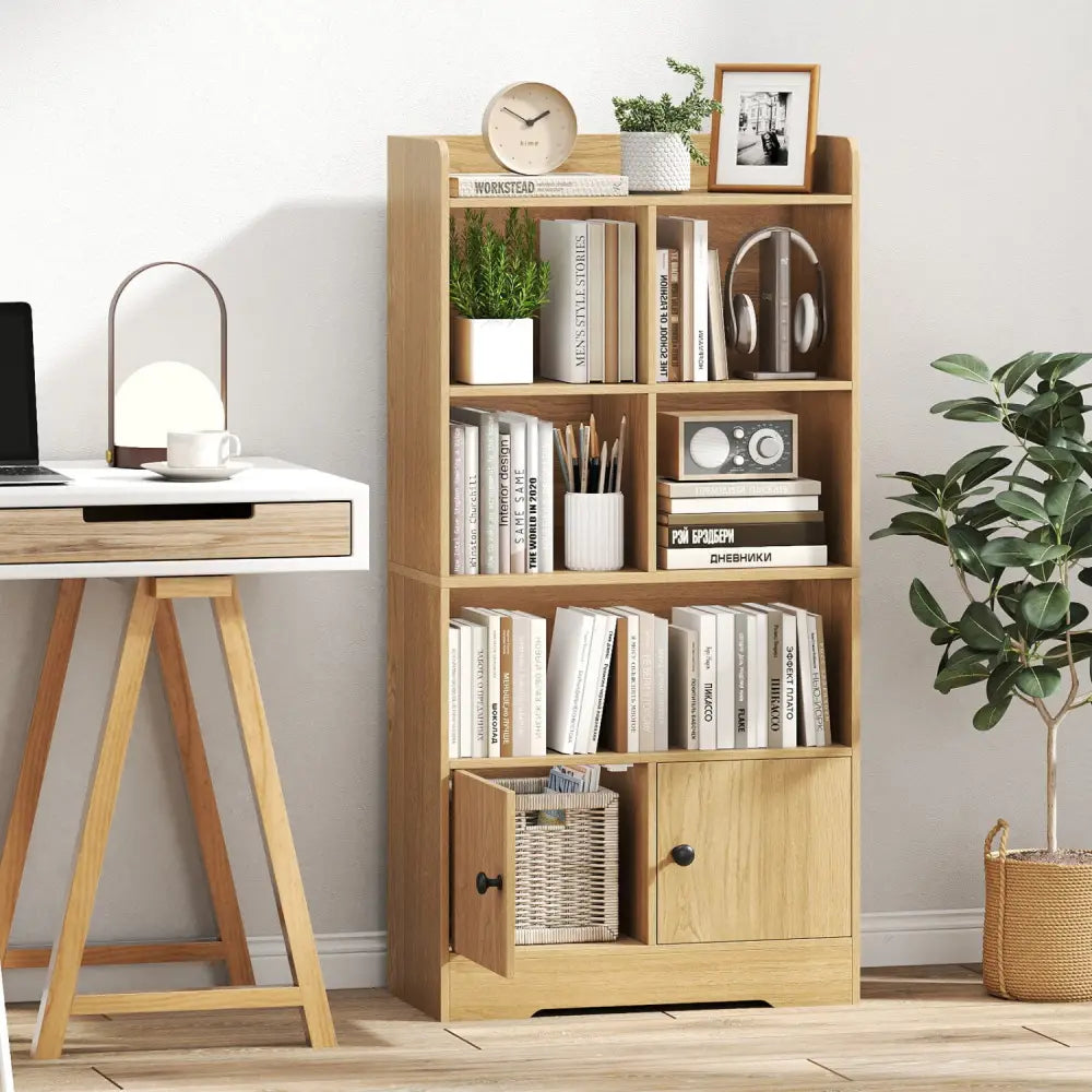 4 Tiers Bookshelf with 4 Cubes Display Shelf and 2 Doors-Natural - Natural - Bookcases