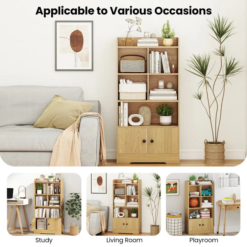 4 Tiers Bookshelf with 4 Cubes Display Shelf and 2 Doors-Natural - Natural - Bookcases