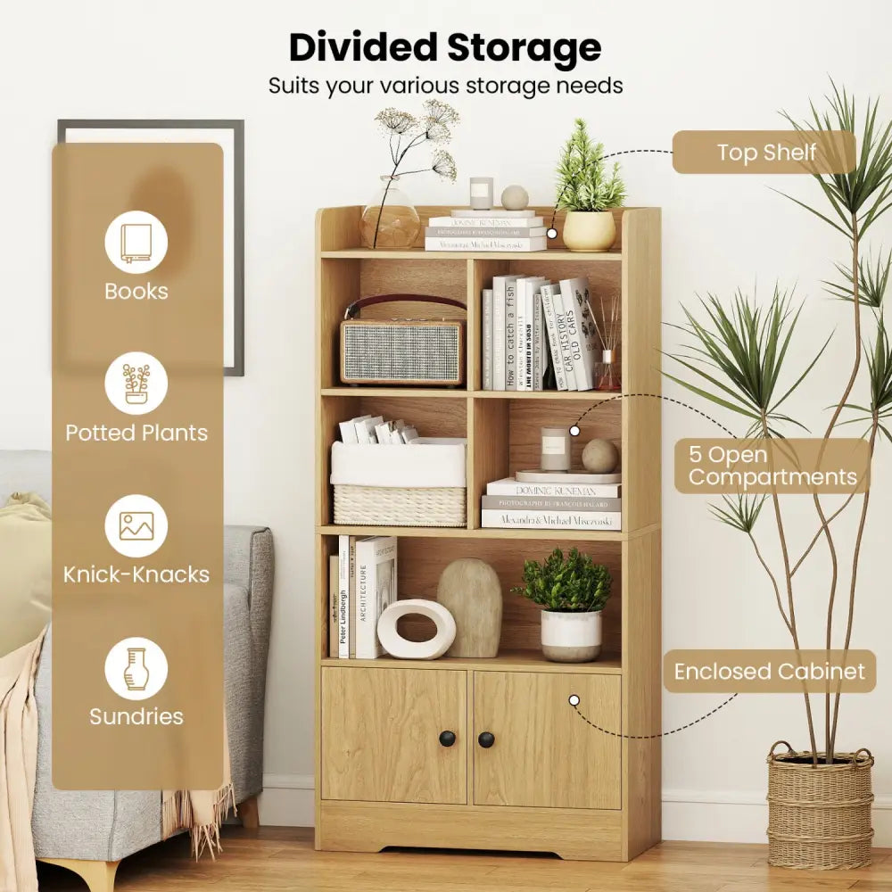 4 Tiers Bookshelf with 4 Cubes Display Shelf and 2 Doors-Natural - Natural - Bookcases