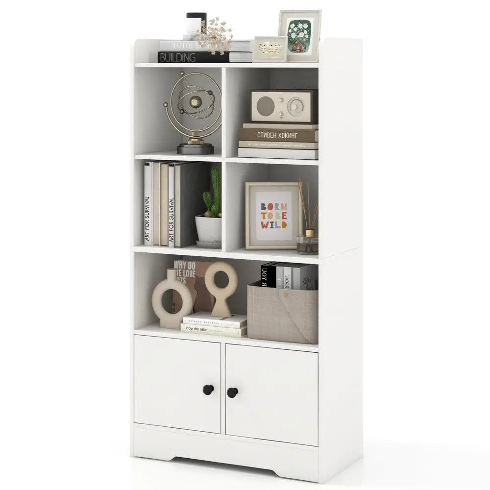 4 Tiers Bookshelf with 4 Cubes Display Shelf and 2 Doors-White - White - Bookcases