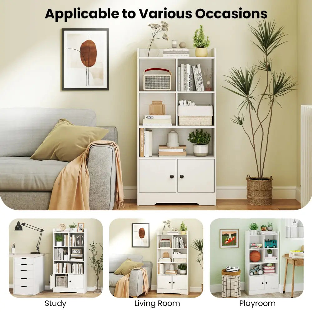 4 Tiers Bookshelf with 4 Cubes Display Shelf and 2 Doors-White - White - Bookcases