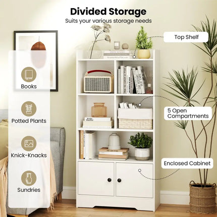 4 Tiers Bookshelf with 4 Cubes Display Shelf and 2 Doors-White Costway