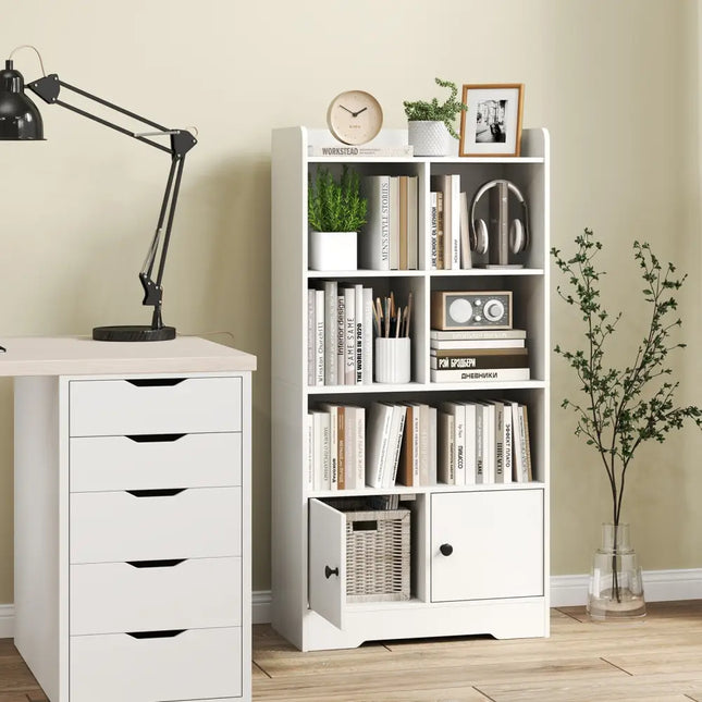 4 Tiers Bookshelf with 4 Cubes Display Shelf and 2 Doors-White Costway