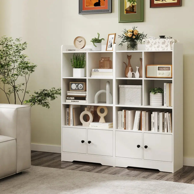 4 Tiers Bookshelf with 4 Cubes Display Shelf and 2 Doors-White Costway