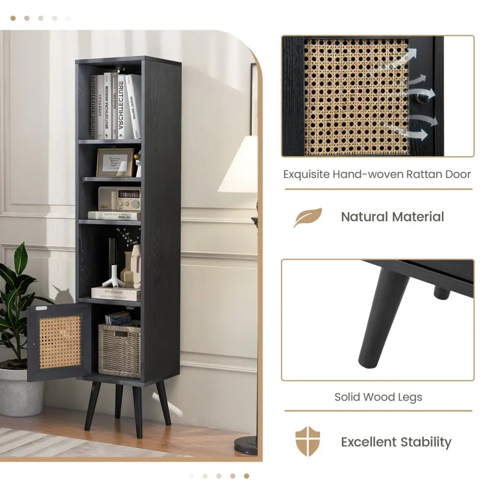 4 Tiers Rattan Storage Cabinet with Slim Design-Black - Black - Bookcases
