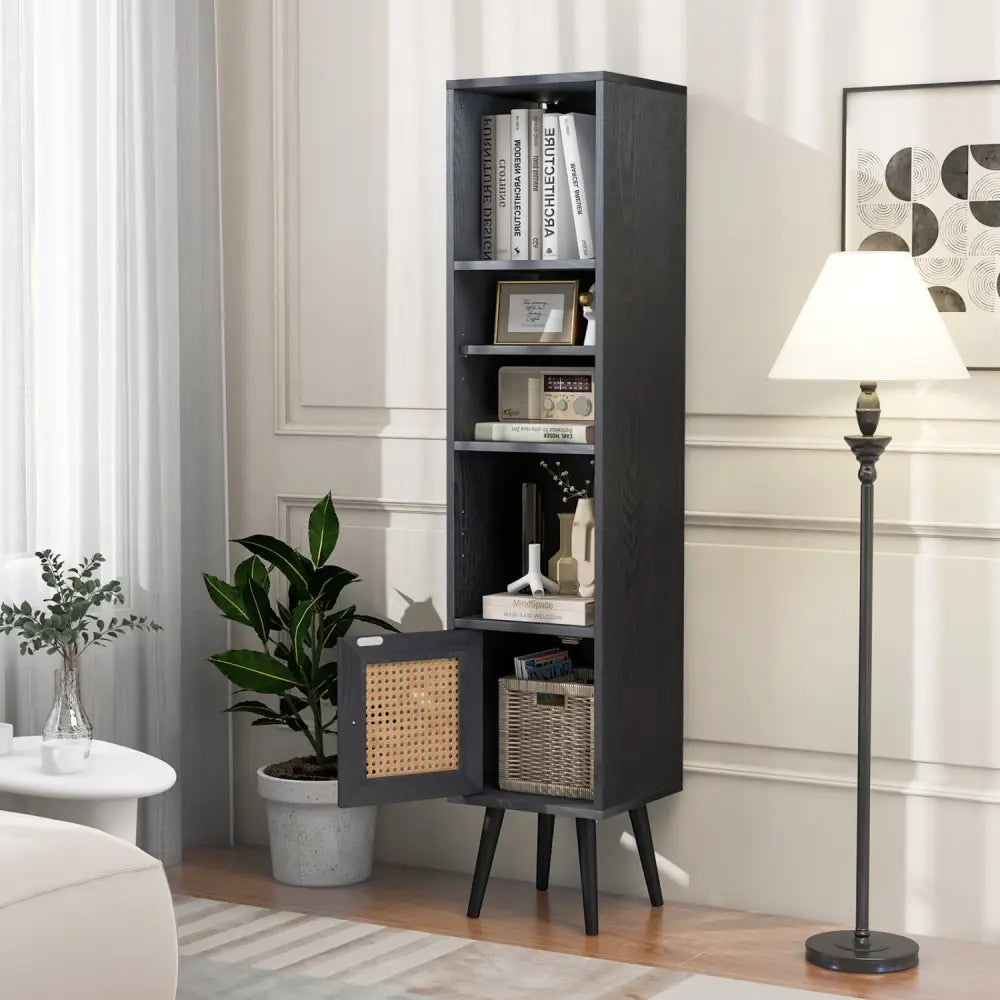 4 Tiers Rattan Storage Cabinet with Slim Design-Black - Black - Bookcases