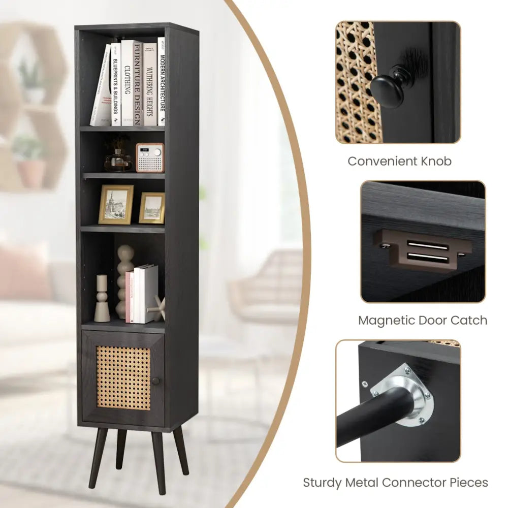 4 Tiers Rattan Storage Cabinet with Slim Design-Black - Black - Bookcases
