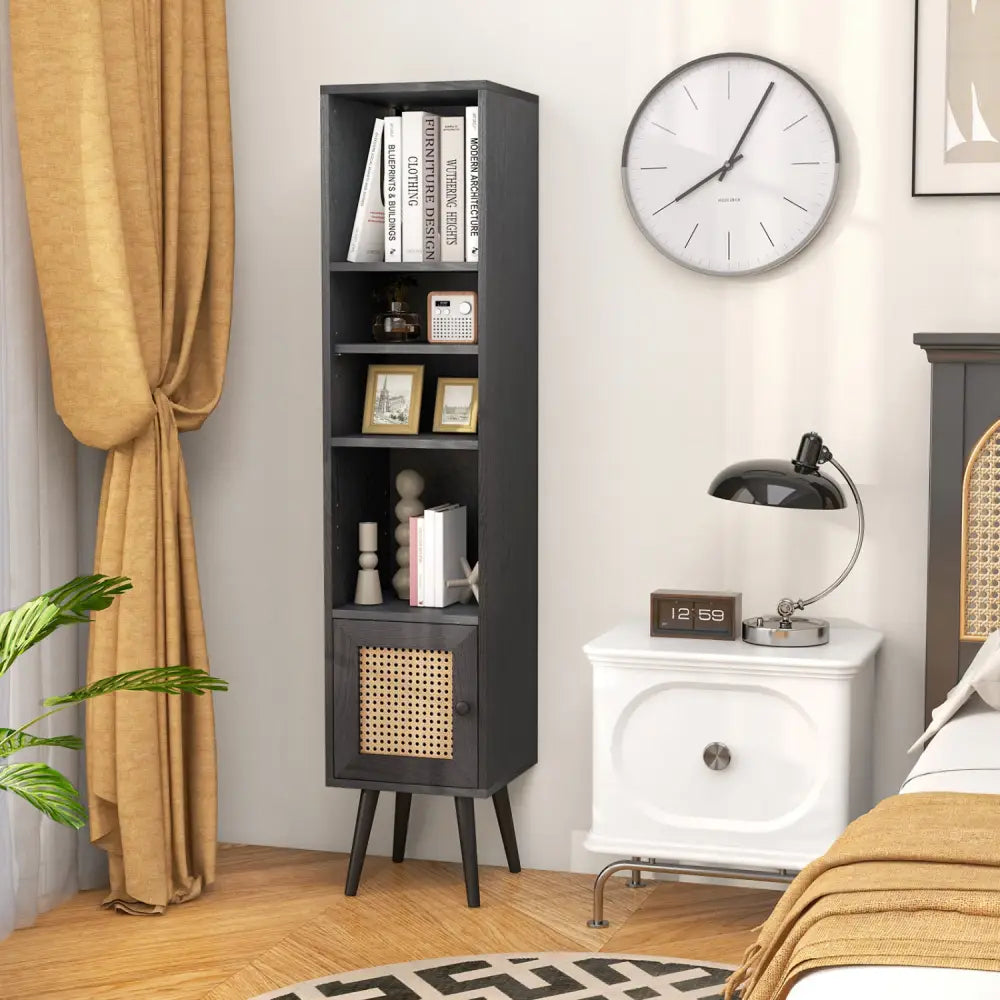 4 Tiers Rattan Storage Cabinet with Slim Design-Black - Black - Bookcases