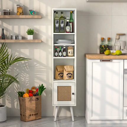 4 Tiers Rattan Storage Cabinet with Slim Design-White Costway