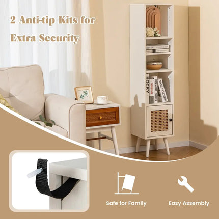 4 Tiers Rattan Storage Cabinet with Slim Design-White Costway