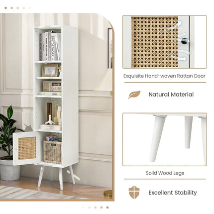 4 Tiers Rattan Storage Cabinet with Slim Design-White Costway