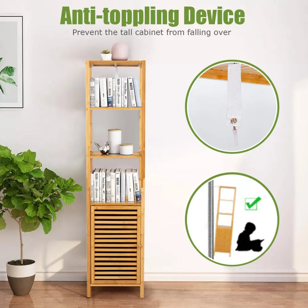 4 Tiers Slim Bamboo Floor Storage Cabinet with Shutter Door and Anti-Toppling Device-Natural - Natural - Floor Cabinets
