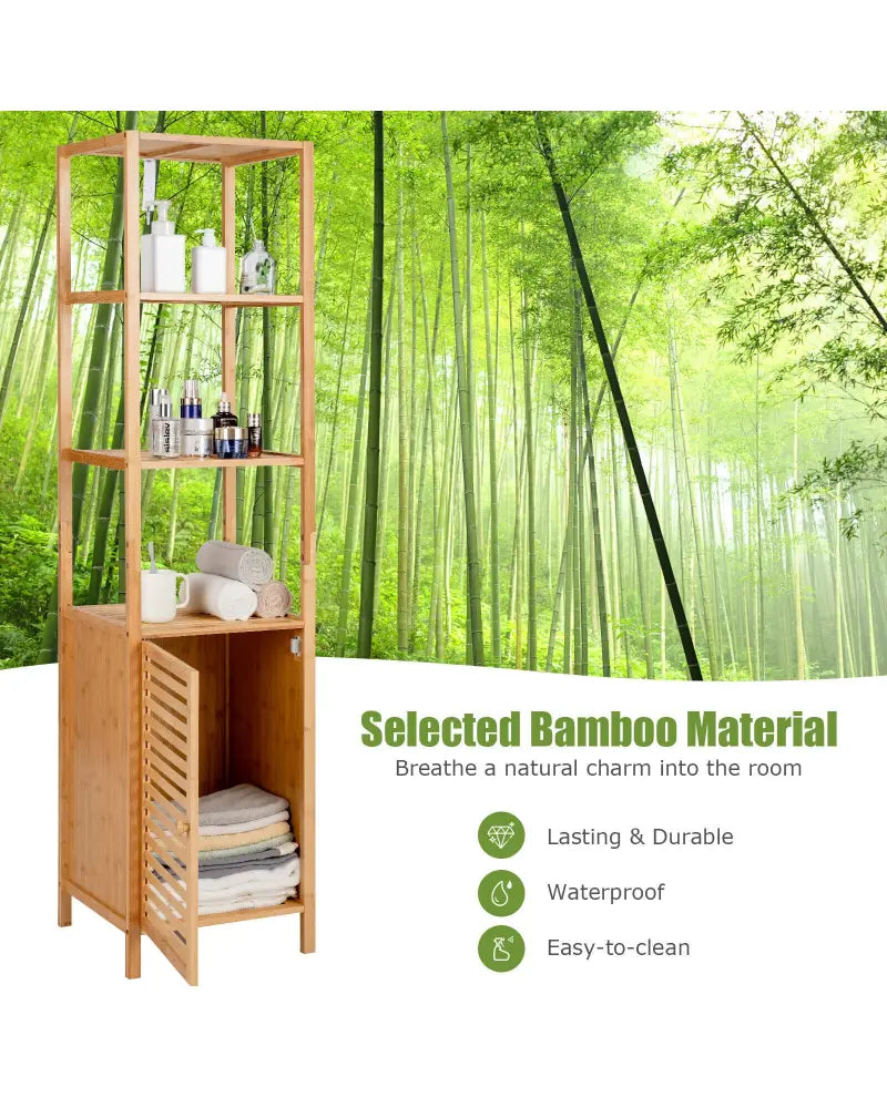 4 Tiers Slim Bamboo Floor Storage Cabinet with Shutter Door and Anti-Toppling Device-Natural - Natural - Floor Cabinets