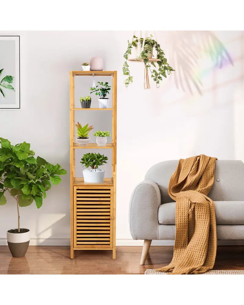 4 Tiers Slim Bamboo Floor Storage Cabinet with Shutter Door and Anti-Toppling Device-Natural - Natural - Floor Cabinets