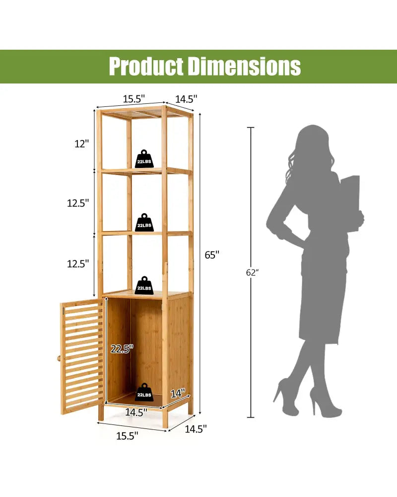 4 Tiers Slim Bamboo Floor Storage Cabinet with Shutter Door and Anti-Toppling Device-Natural - Natural - Floor Cabinets