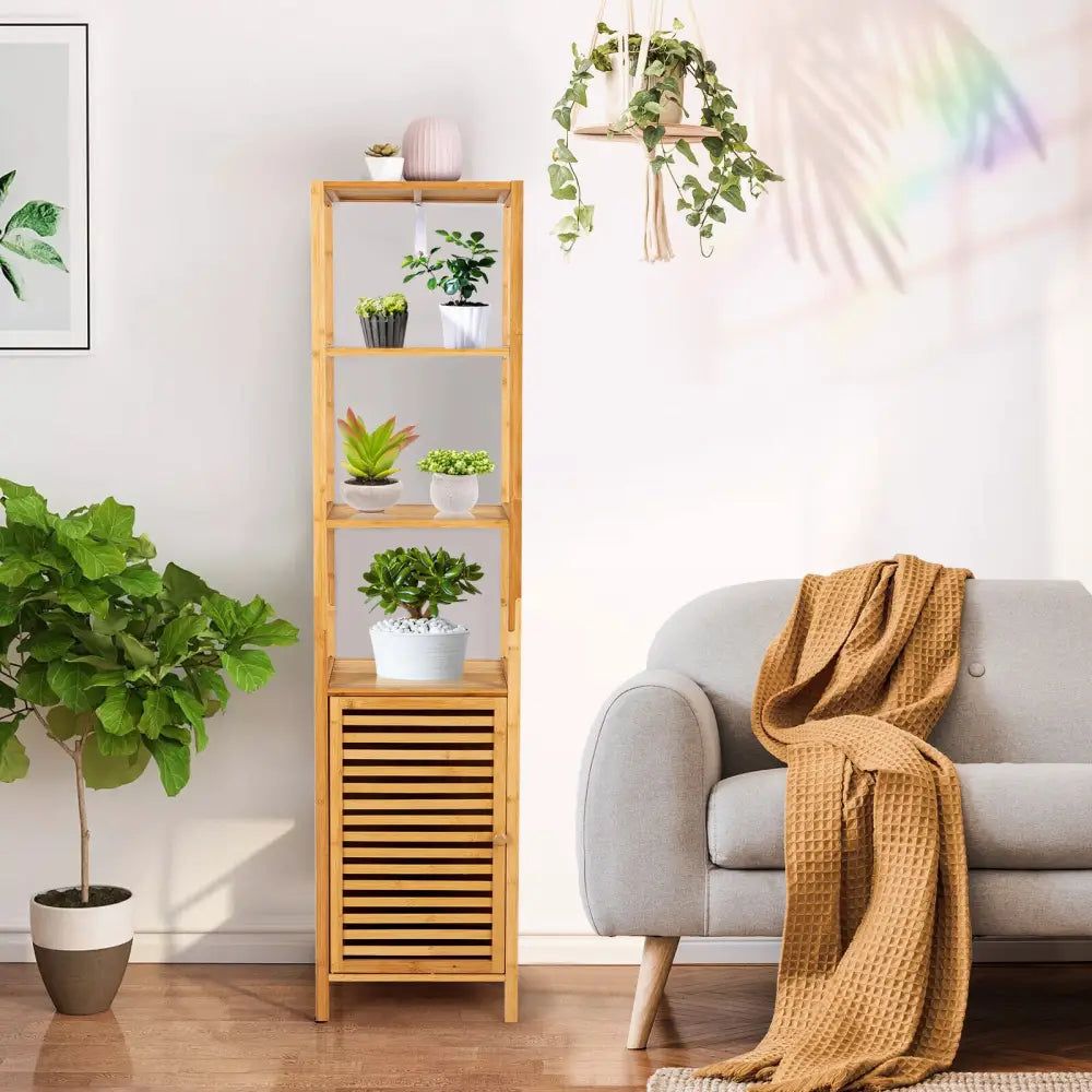 4 Tiers Slim Bamboo Floor Storage Cabinet with Shutter Door and Anti-Toppling Device-Natural - Natural - Floor Cabinets