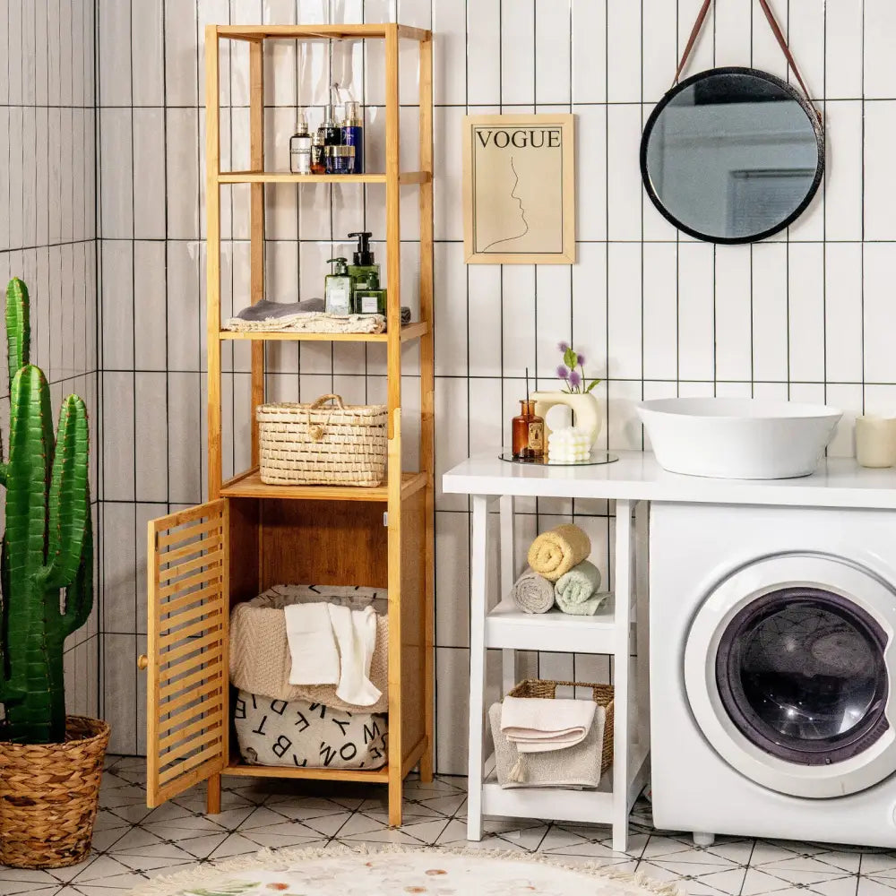 4 Tiers Slim Bamboo Floor Storage Cabinet with Shutter Door and Anti-Toppling Device-Natural - Natural - Floor Cabinets