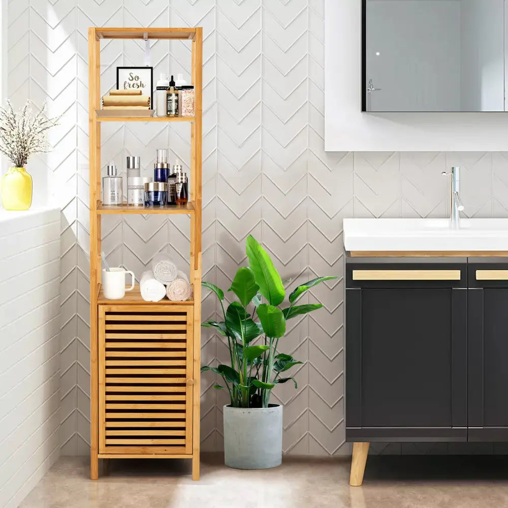 4 Tiers Slim Bamboo Floor Storage Cabinet with Shutter Door and Anti-Toppling Device-Natural - Natural - Floor Cabinets