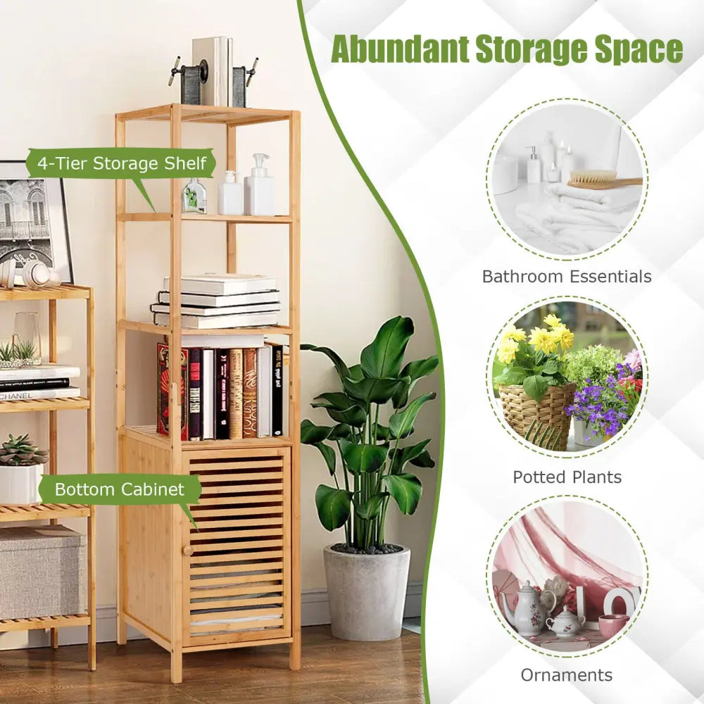4 Tiers Slim Bamboo Floor Storage Cabinet with Shutter Door and Anti-Toppling Device-Natural - Natural - Floor Cabinets