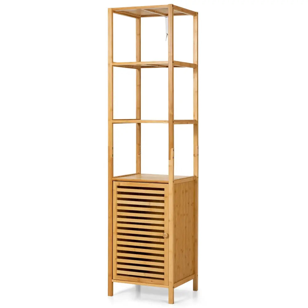 4 Tiers Slim Bamboo Floor Storage Cabinet with Shutter Door and Anti-Toppling Device-Natural - Natural - Floor Cabinets