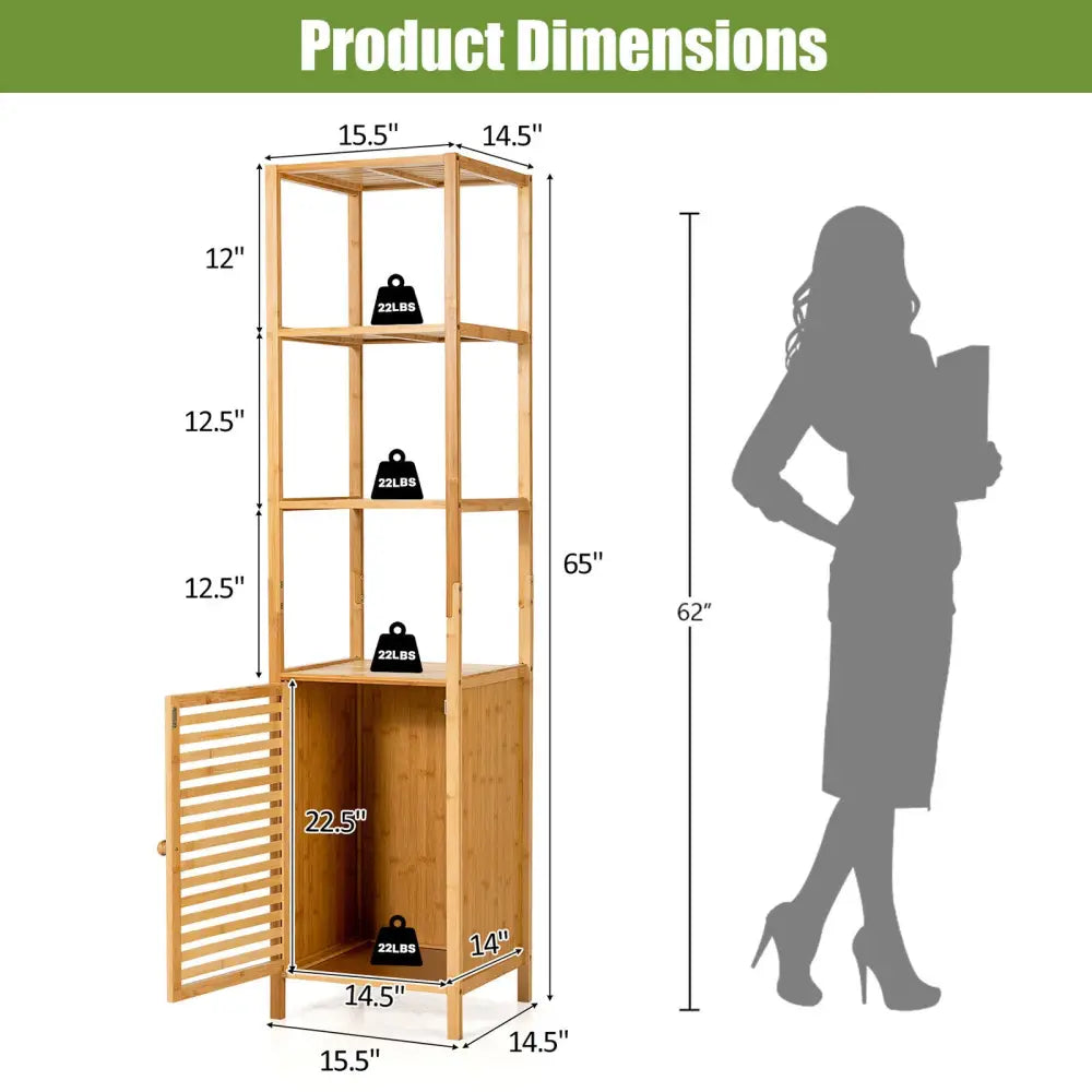 4 Tiers Slim Bamboo Floor Storage Cabinet with Shutter Door and Anti-Toppling Device-Natural - Natural - Floor Cabinets