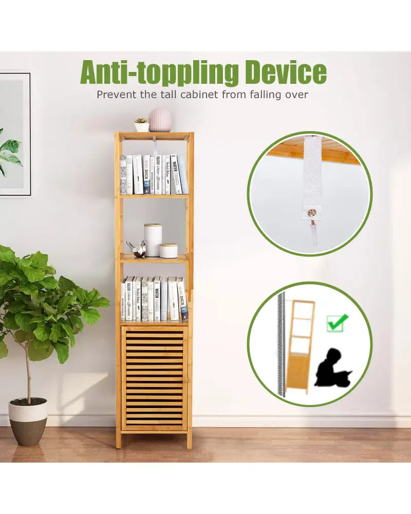 4 Tiers Slim Bamboo Floor Storage Cabinet with Shutter Door and Anti-Toppling Device-Natural - Natural - Floor Cabinets