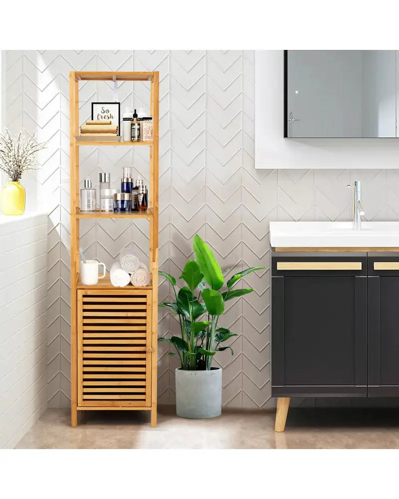 4 Tiers Slim Bamboo Floor Storage Cabinet with Shutter Door and Anti-Toppling Device-Natural - Natural - Floor Cabinets