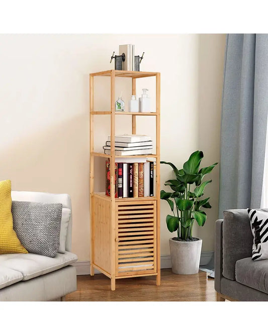4 Tiers Slim Bamboo Floor Storage Cabinet with Shutter Door and Anti-Toppling Device-Natural - Natural - Floor Cabinets