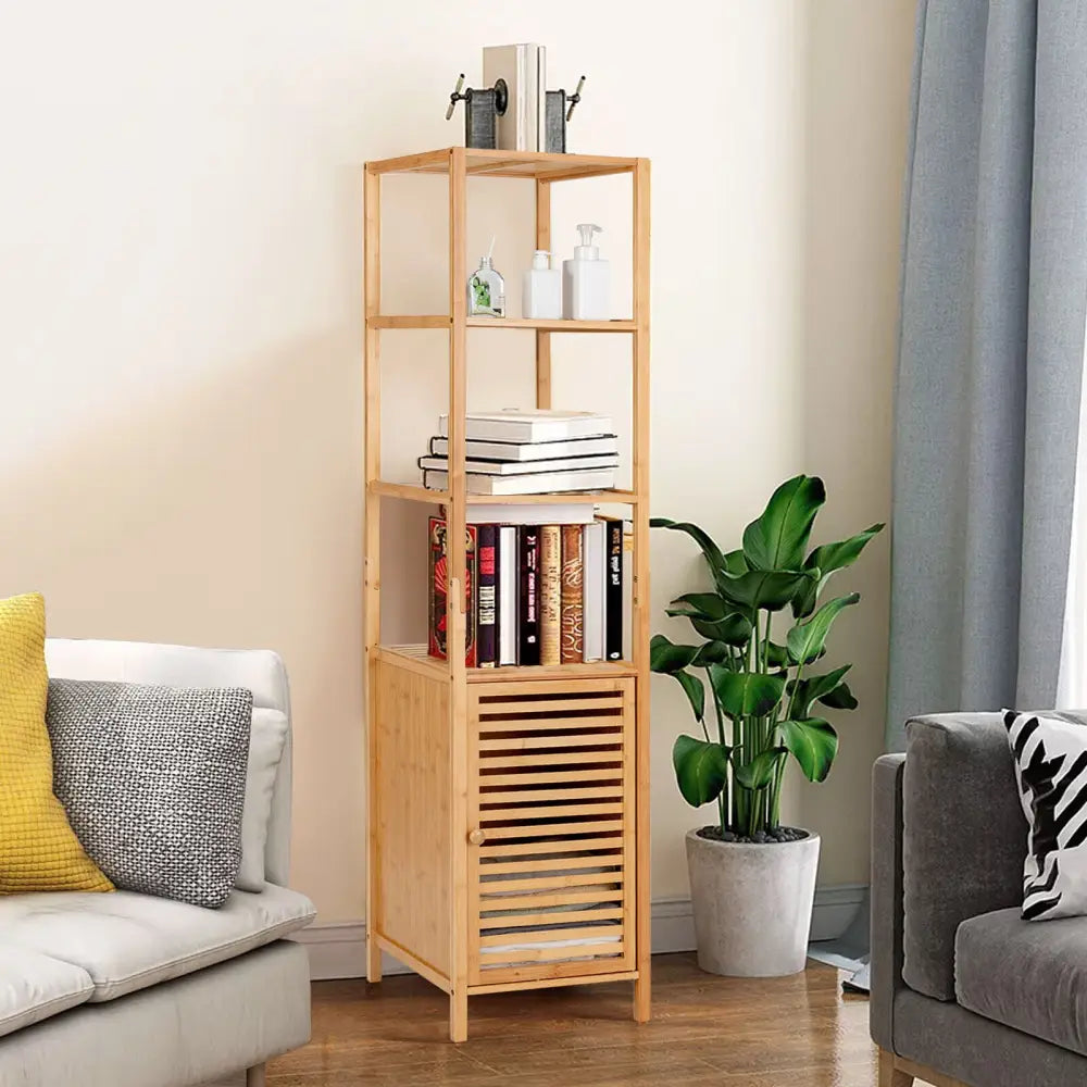 4 Tiers Slim Bamboo Floor Storage Cabinet with Shutter Door and Anti-Toppling Device-Natural - Natural - Floor Cabinets