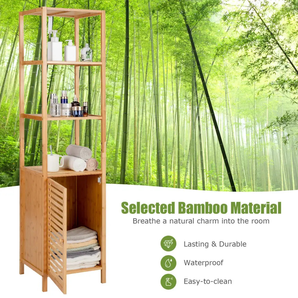 4 Tiers Slim Bamboo Floor Storage Cabinet with Shutter Door and Anti-Toppling Device-Natural - Natural - Floor Cabinets