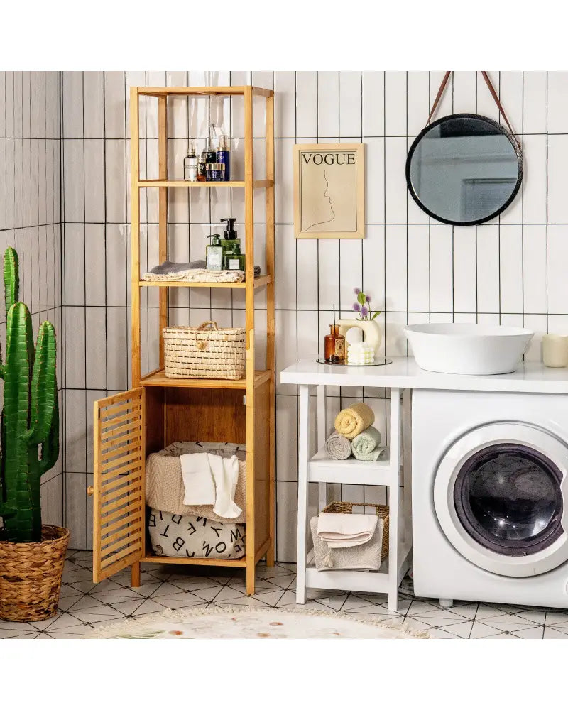 4 Tiers Slim Bamboo Floor Storage Cabinet with Shutter Door and Anti-Toppling Device-Natural - Natural - Floor Cabinets