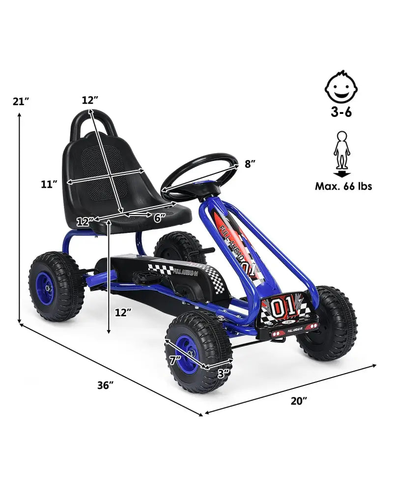 4 Wheel Pedal Powered Ride On with Adjustable Seat-Blue - Blue - Push & Pedal Ride On Toys