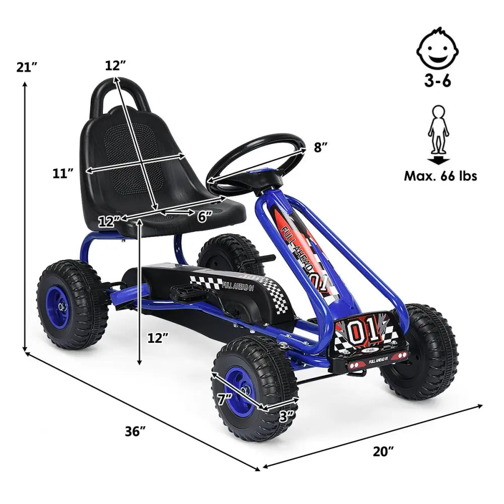 4 Wheel Pedal Powered Ride On with Adjustable Seat-Blue - Blue - Push & Pedal Ride On Toys