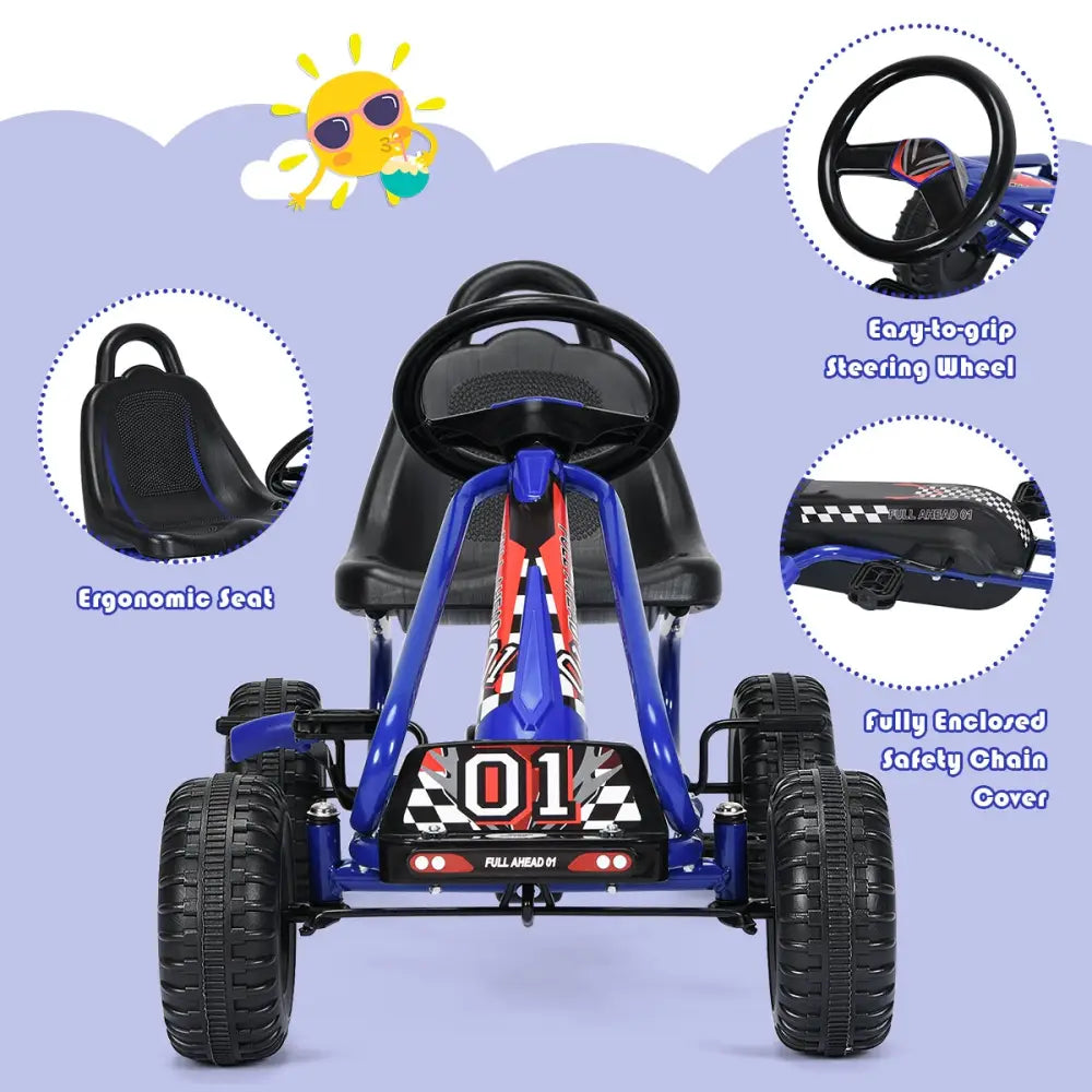 4 Wheel Pedal Powered Ride On with Adjustable Seat-Blue - Blue - Push & Pedal Ride On Toys