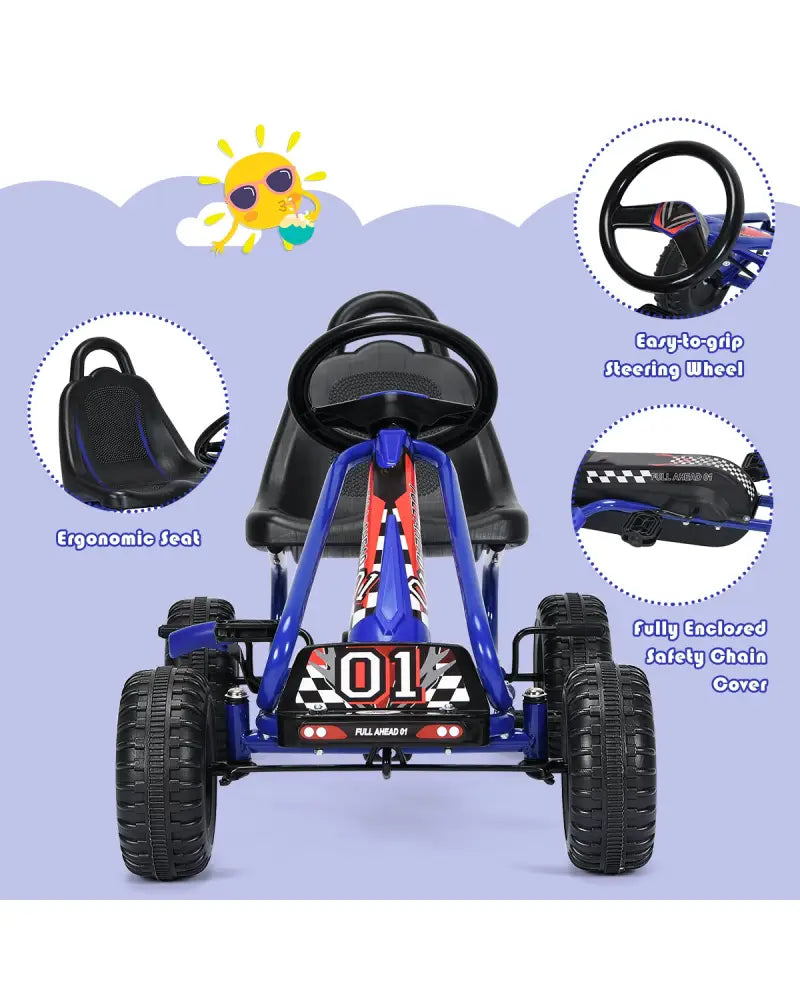4 Wheel Pedal Powered Ride On with Adjustable Seat-Blue - Blue - Push & Pedal Ride On Toys