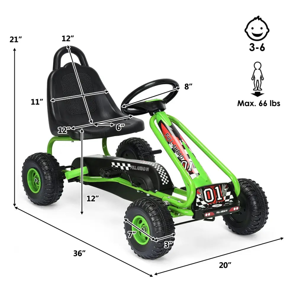 4 Wheel Pedal Powered Ride On with Adjustable Seat-Green - Green - Push & Pedal Ride On Toys